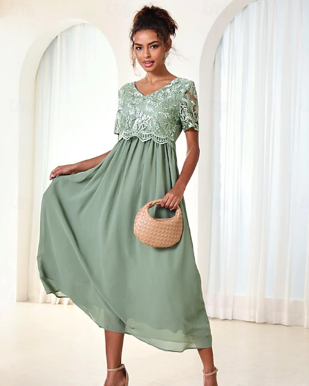 Dames Bruiloftsgast Cocktailjurk Maxi-jurk Contrast Kant Feest Elegant Formeel V-hals Korte Mouw Roze Groen Grijs Kleur