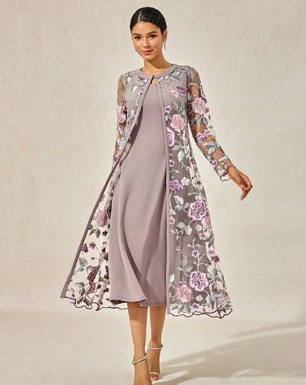 Dames Midi-jurk Cocktailjurk Jurkenset Bruiloftsgastjurk A-lijnjurk Elegante formele bruiloftsfeest Bloemen Lange mouwen Ronde hals Grijs Roze