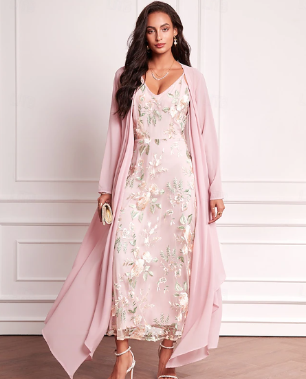 Dames bruiloftsgastenjurkset Maxi-jurk Chiffon Cardigan Geborduurd Datum Vakantie Elegant V-hals Lange mouw Roze Kleur Lente Zomer Herfst