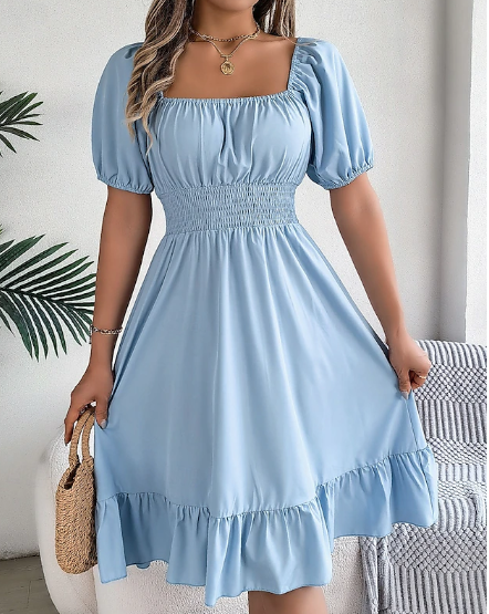 Dames Mini-jurk Casual jurk A-lijn jurk Melkmeisjesjurk Stijlvol Basic Casual Vakantie Dagelijks Normale pasvorm Effen Korte mouw Vierkante hals Kaki Lichtblauw Zomer Lente