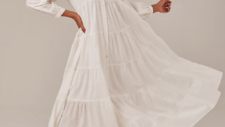 Dames linnen katoenmix witte jurk met knoopjes, V-hals, effen kleur, boho maxi-jurk