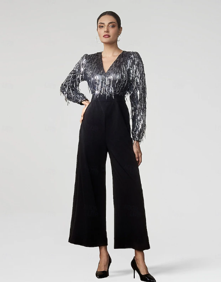 Jumpsuit met pailletten en franjes en wijde pijpen